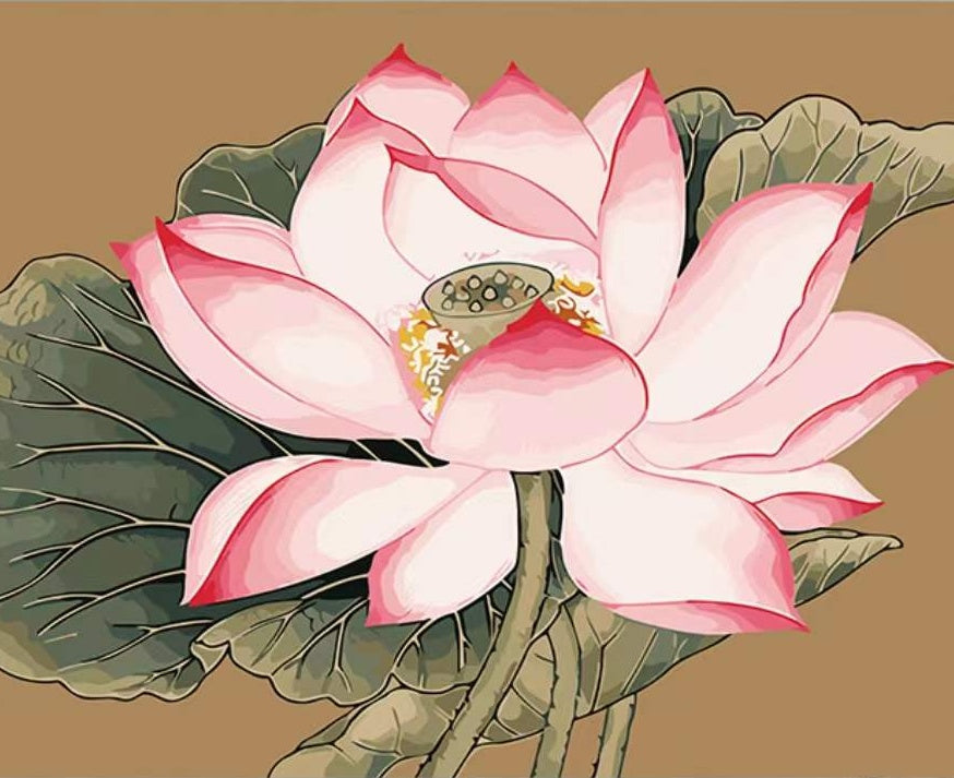 Loto Rosado Floreciente y Hojas Verdes de Loto Pintar por Números