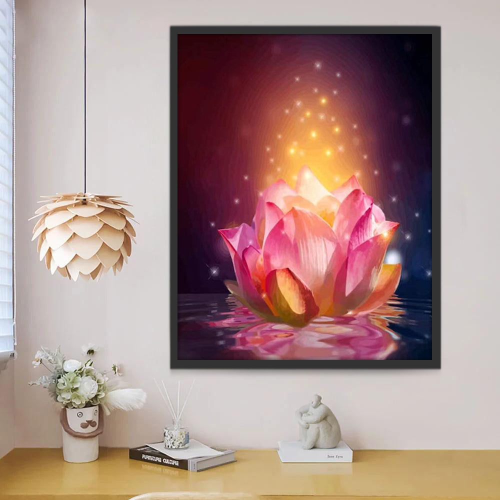 Loto Rosado Mágico con Luz Brillante en la Noche Pintar por Números