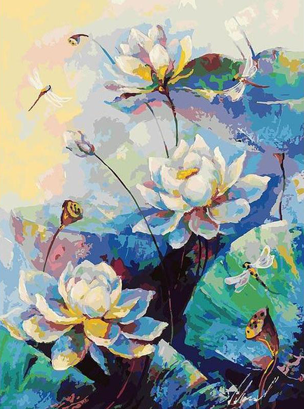 Lotos Blancos y Libélulas con Fondo de Hojas Coloridas Pintar por Números