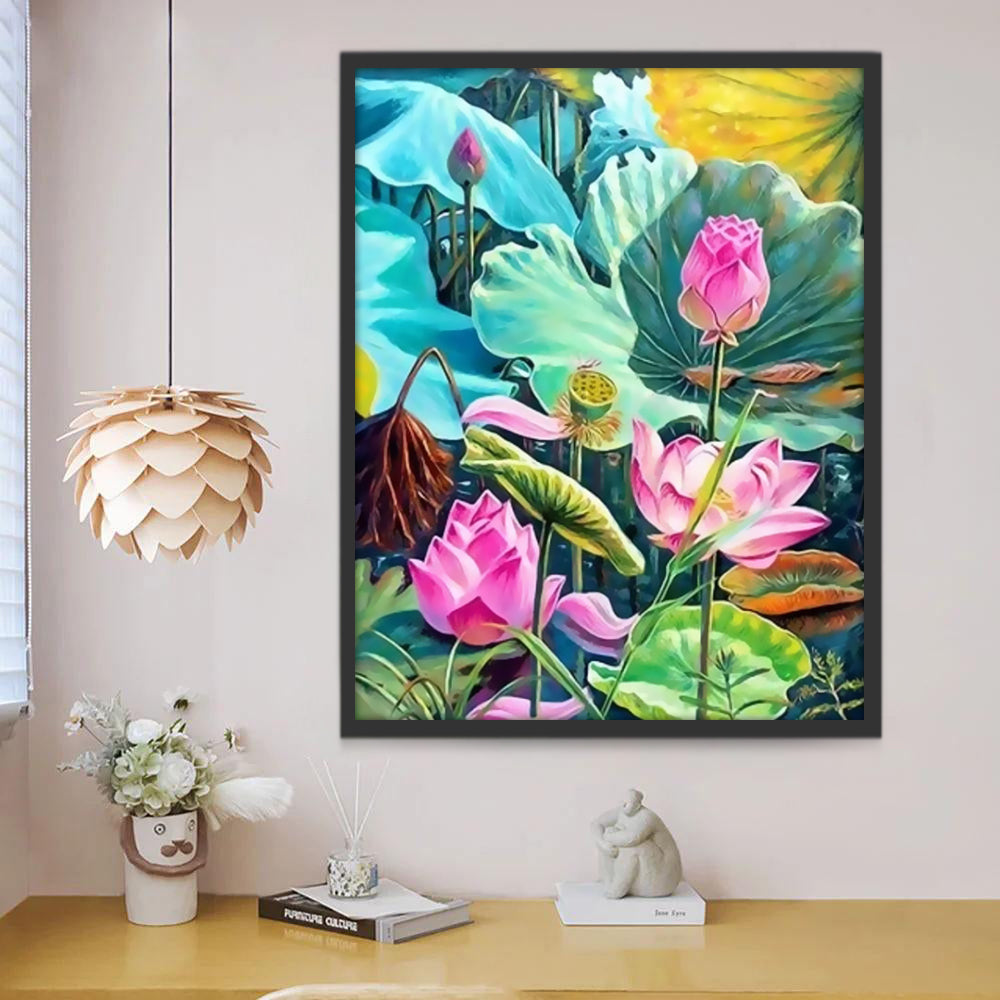 Lotos Rosados entre Hojas de Color Verde y Azul Pintar por Números