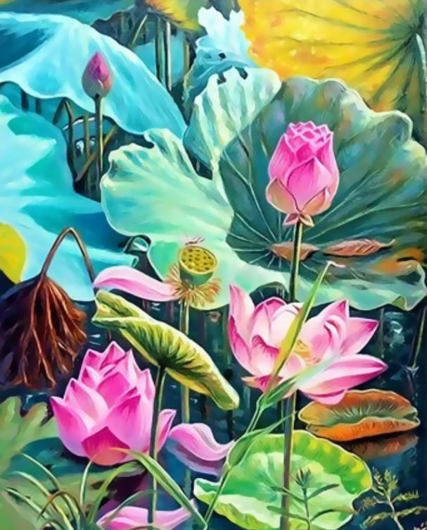 Lotos Rosados entre Hojas de Color Verde y Azul Pintar por Números