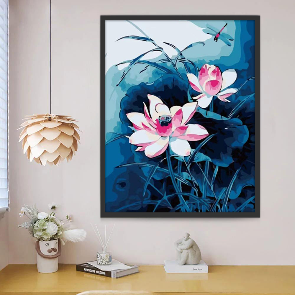 Lotos Rosados y Libélula Roja con Fondo Azul Oscuro Pintar por Números