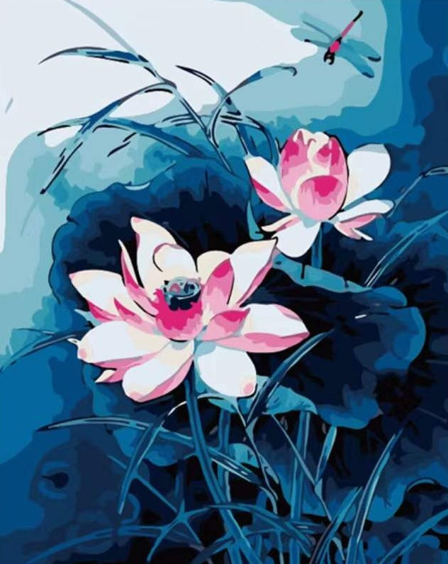 Lotos Rosados y Libélula Roja con Fondo Azul Oscuro Pintar por Números