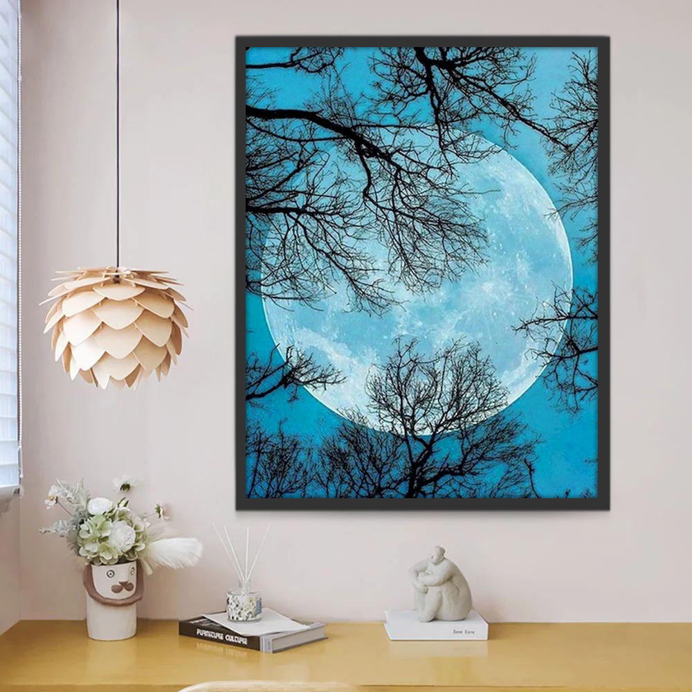 Luna Llena y Cielo Azul y Ramas de Árboles Pintar por Números