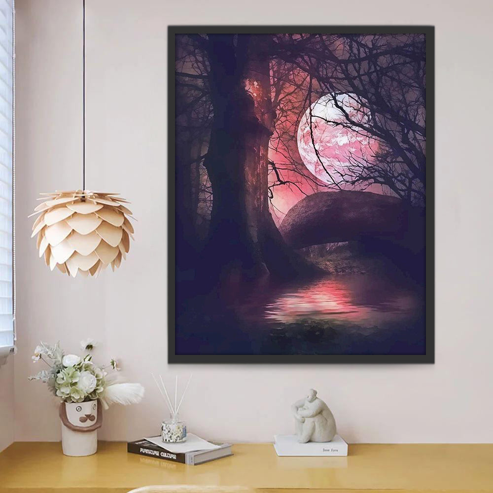 Luna Rosada y un Árbol en la Oscuridad Pintar por Números