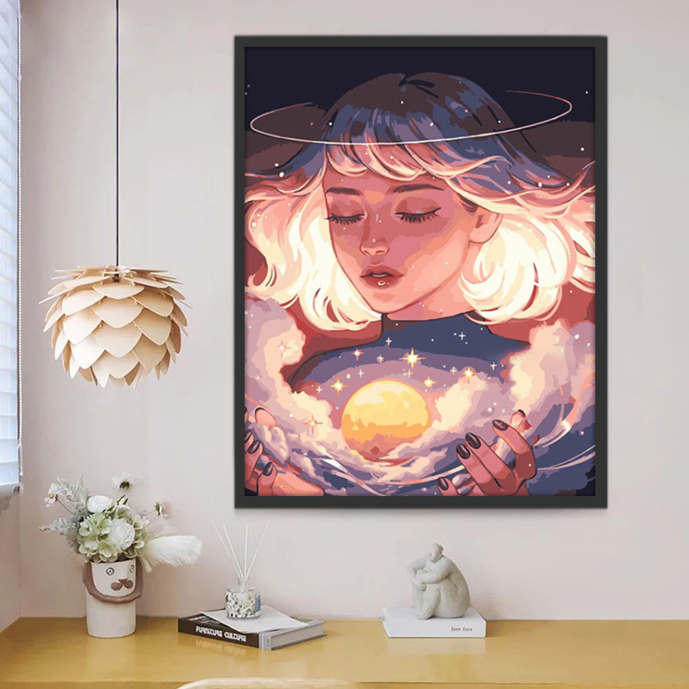 Luna y Estrellas en Manos de Chica Pintar por Números