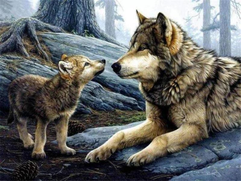 Madre Lobo y Lobo Pequeño en Bosque Pintar por Números