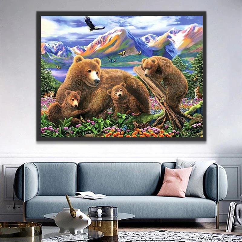 Madre Oso y Bebés con Fondo de Montañas Pintar por Números