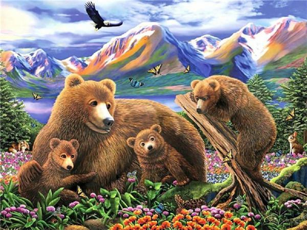 Madre Oso y Bebés con Fondo de Montañas Pintar por Números