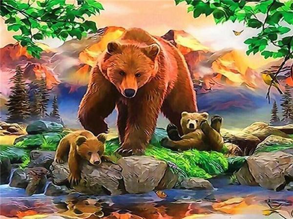 Madre Oso y Bebés Osos al Lado de Agua Pintar por Números