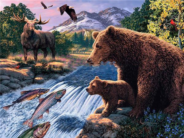 Madre Oso y Su Bebé Mirando los Peces en Agua Pintar por Números