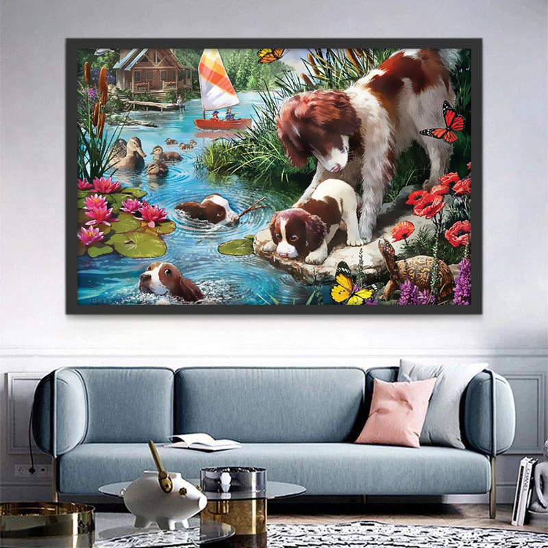 Madre Perra y Sus Perritos al Lado del Río Pintar por Números