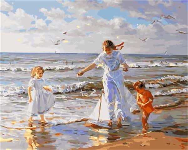 Madre y los Niños Felices en la Playa Pintar por Números