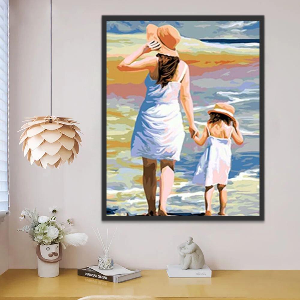 Madre y Niña de Sombrero en la Playa Pintar por Números