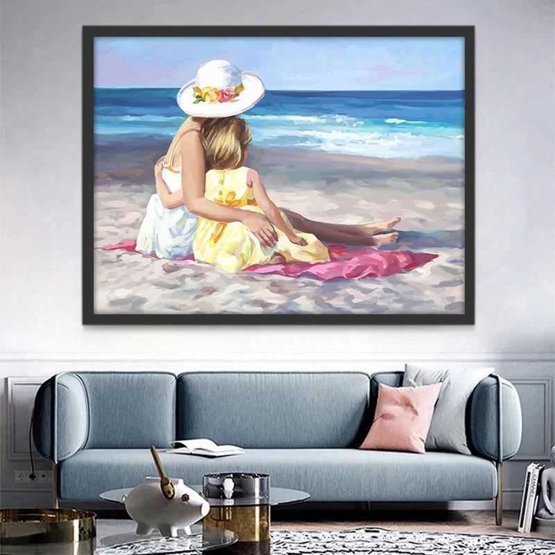 Madre y Niña Sentadas sobre la Playa Pintar por Números