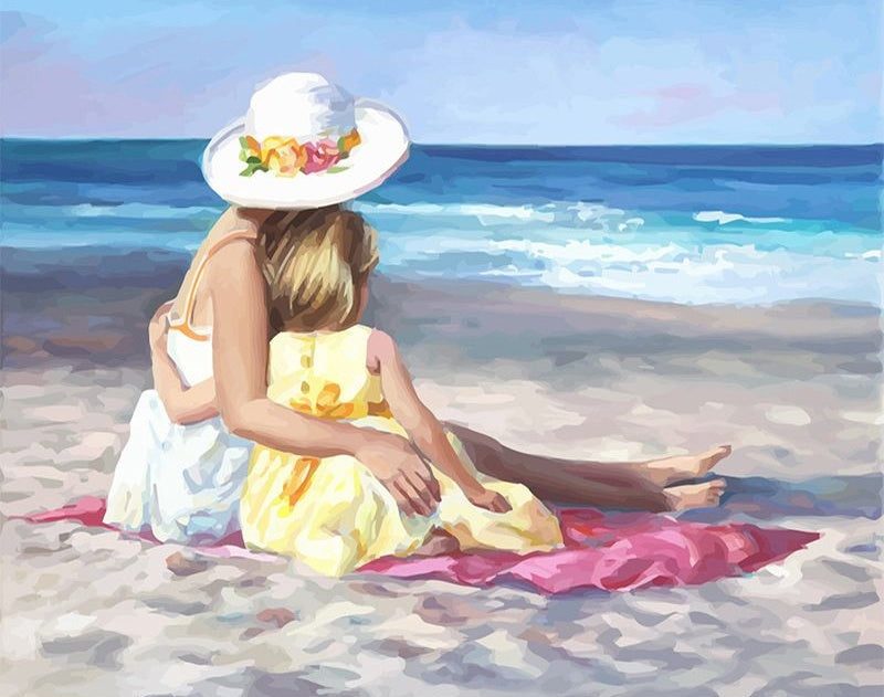 Madre y Niña Sentadas sobre la Playa Pintar por Números