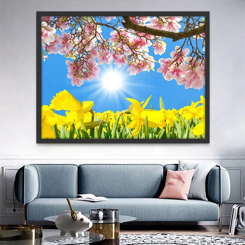 Magnolia Rosada y Flores de Narciso Amarillo al Sol Pintar por Números