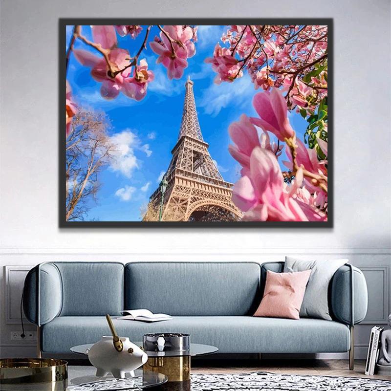 Magnolia Rosada y Torre Eiffel Pintar por Números