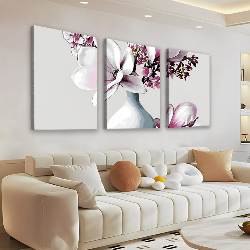Magnolia y Flores de Melocotón en Florero Blanco 3 Partes Pintar por Números