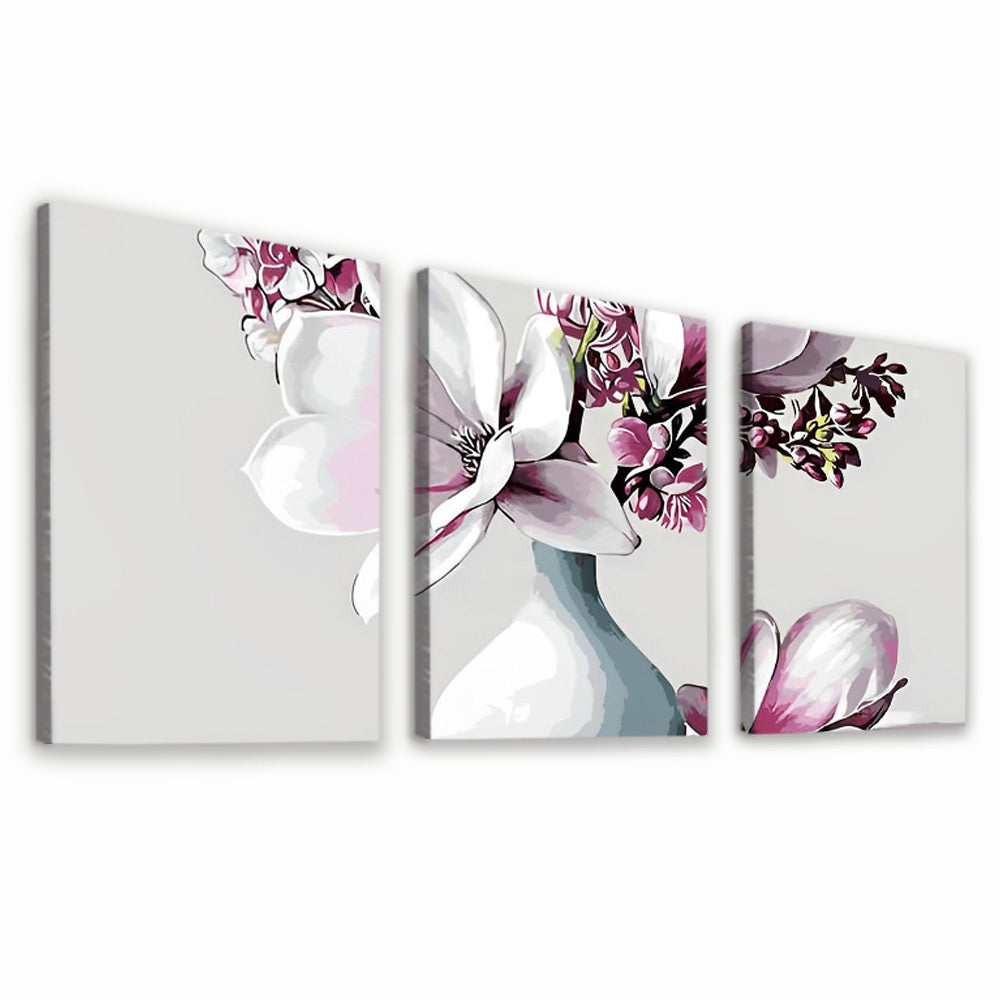 Magnolia y Flores de Melocotón en Florero Blanco 3 Partes Pintar por Números