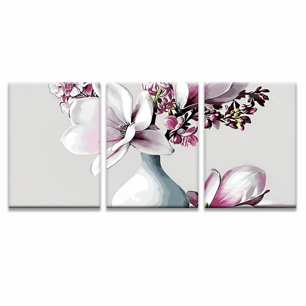 Magnolia y Flores de Melocotón en Florero Blanco 3 Partes Pintar por Números