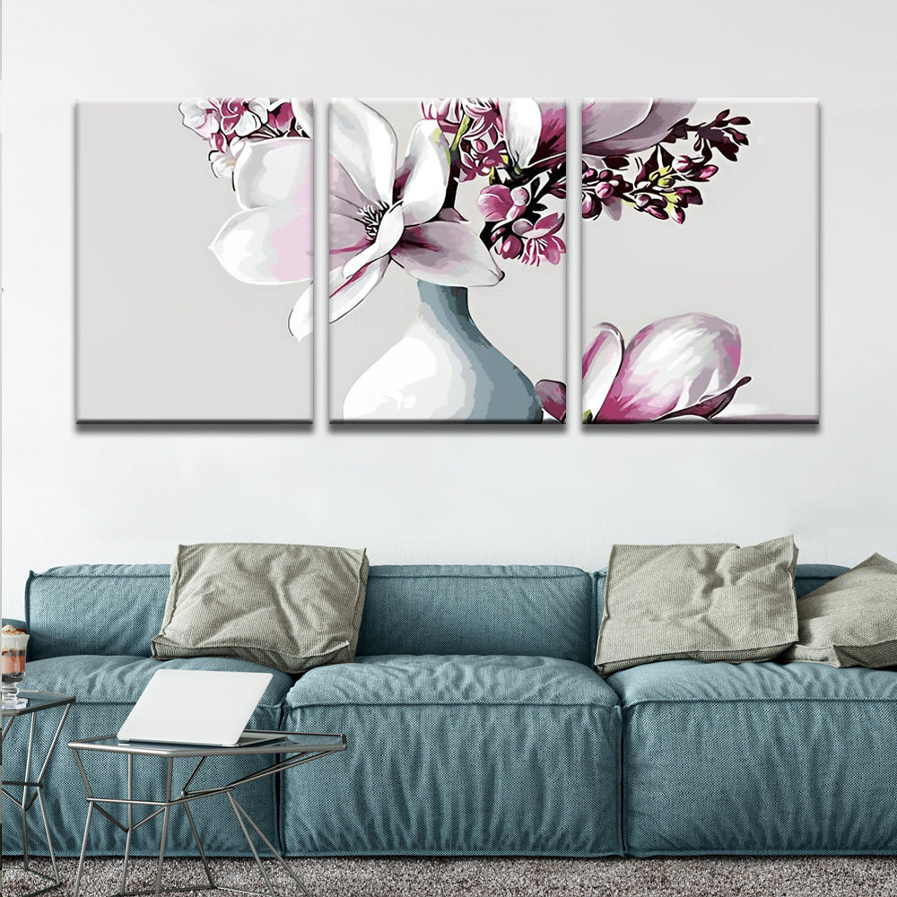 Magnolia y Flores de Melocotón en Florero Blanco 3 Partes Pintar por Números