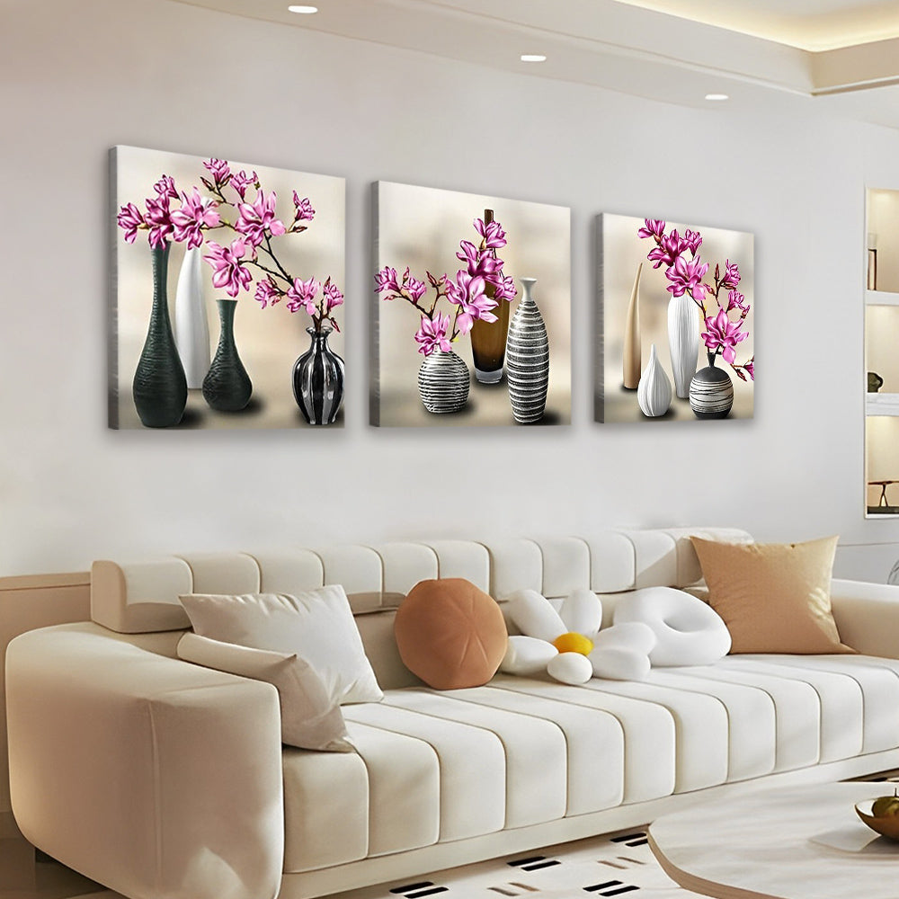 Magnolias Moradas en Floreros Blancos y Negros 3 Partes Pintar por Números