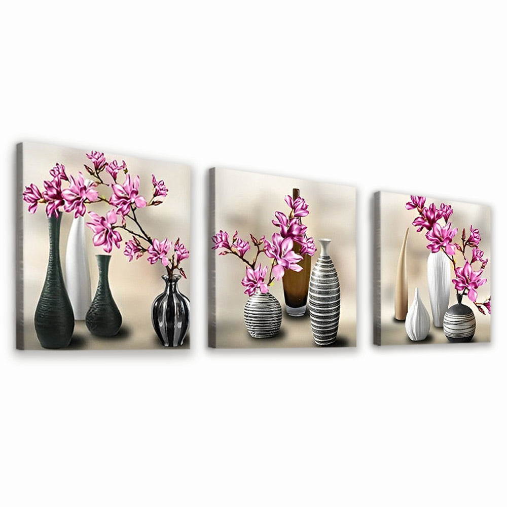 Magnolias Moradas en Floreros Blancos y Negros 3 Partes Pintar por Números