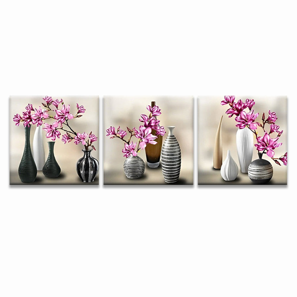 Magnolias Moradas en Floreros Blancos y Negros 3 Partes Pintar por Números