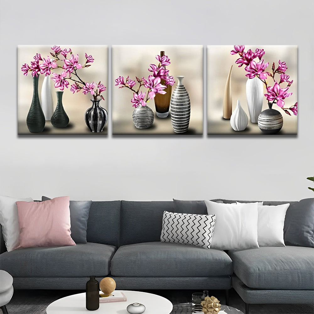 Magnolias Moradas en Floreros Blancos y Negros 3 Partes Pintar por Números