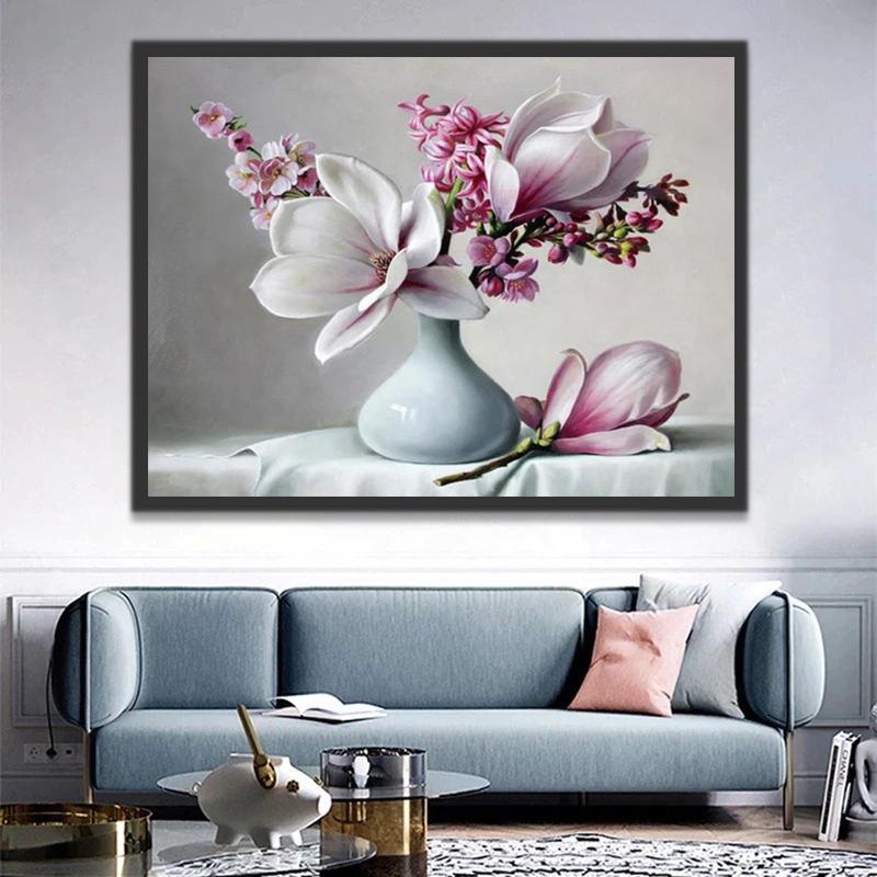 Magnolias y Flores de Melocotón en Florero de Porcelana Pintar por Números