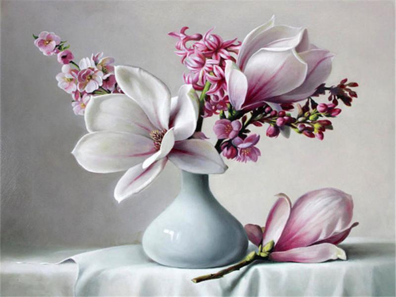 Magnolias y Flores de Melocotón en Florero de Porcelana Pintar por Números