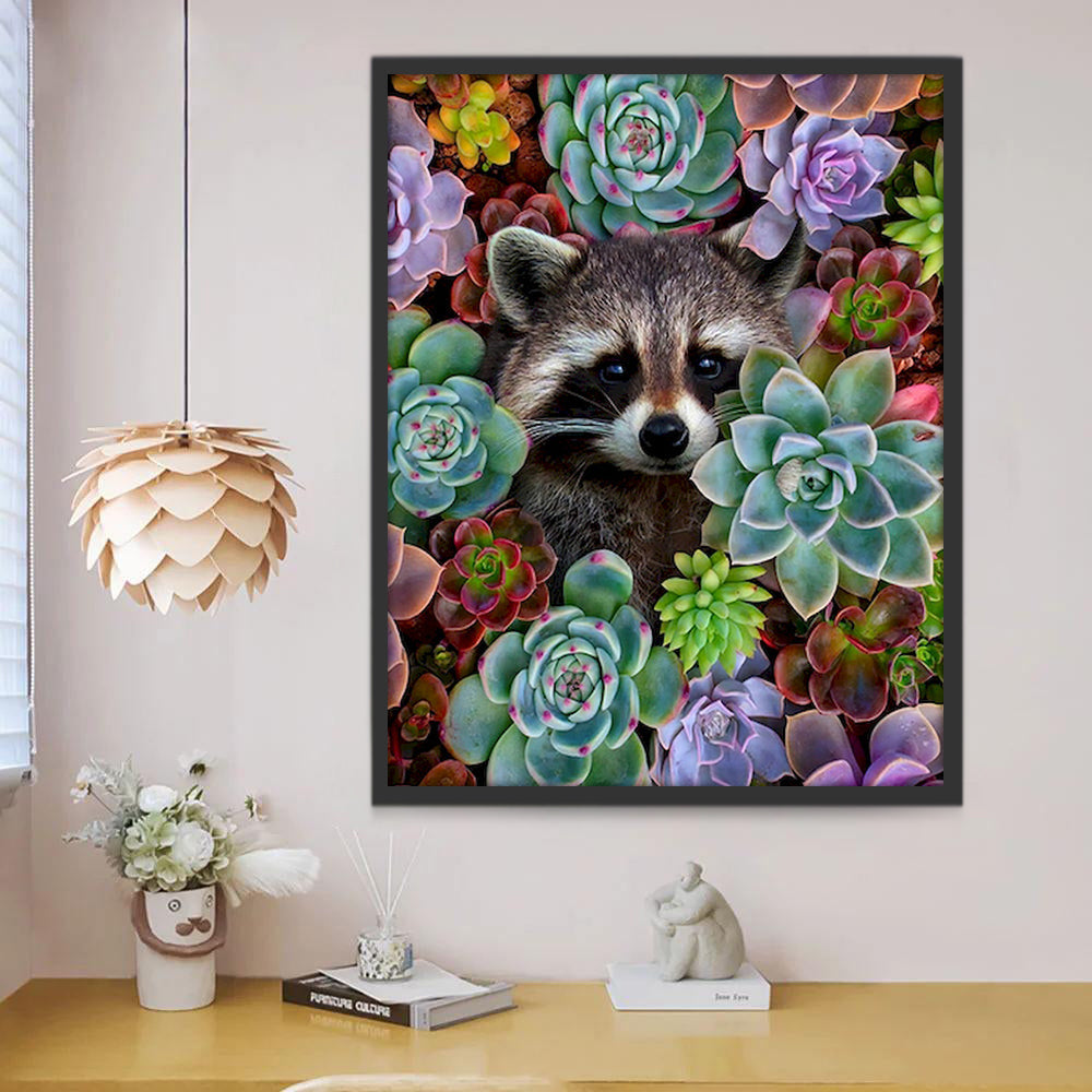 Mapache entre Plantas de Suculentas Pintar por Números