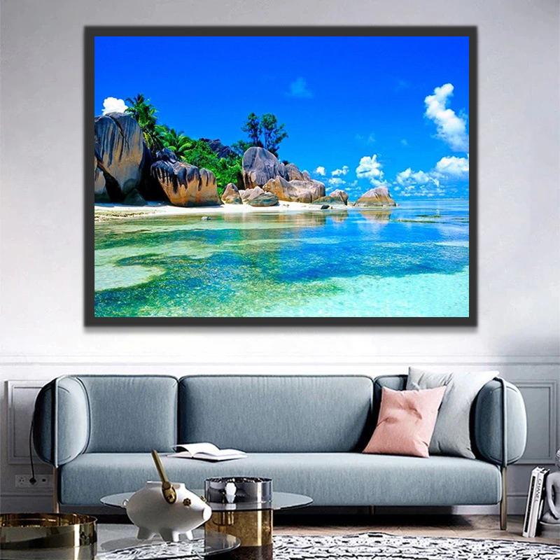 Mar Azul y Playa con Rocas Pintar por Números
