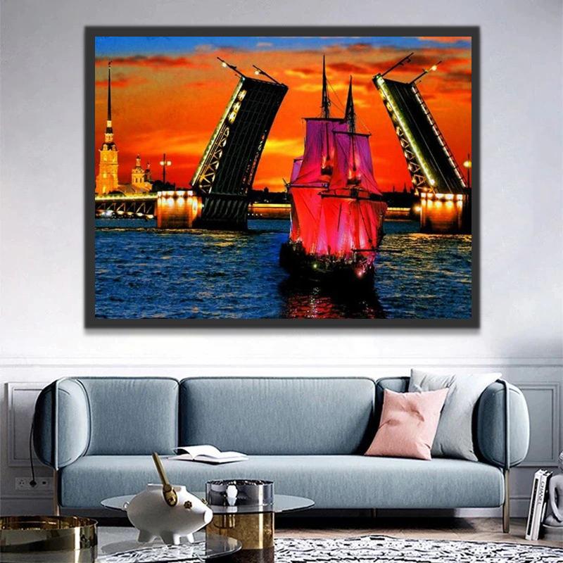 Mar con Barcos y Puente en la Noche Pintar por Números