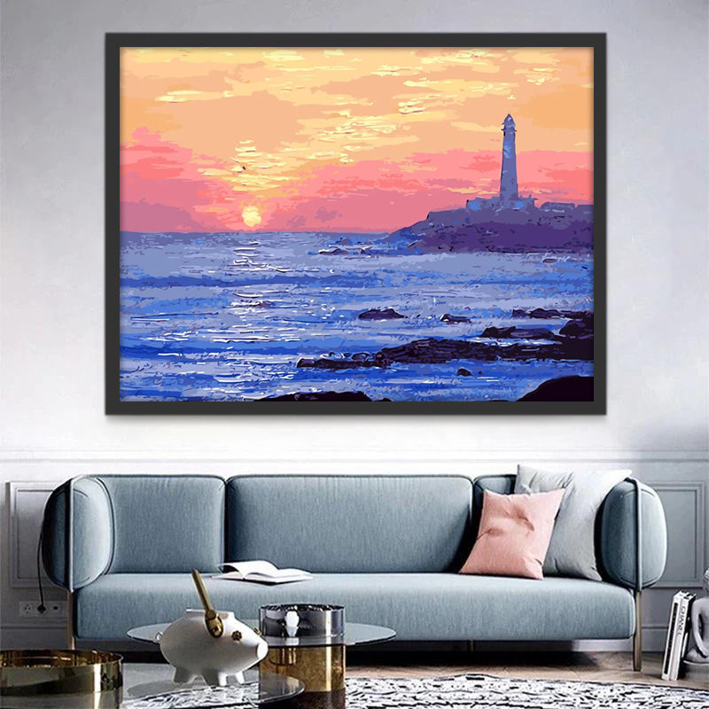 Mar con Faro y Puesta del Sol Pintar por Números