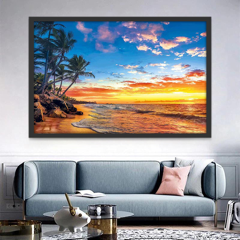 Mar con Palmeras y Puesta del Sol Pintar por Números