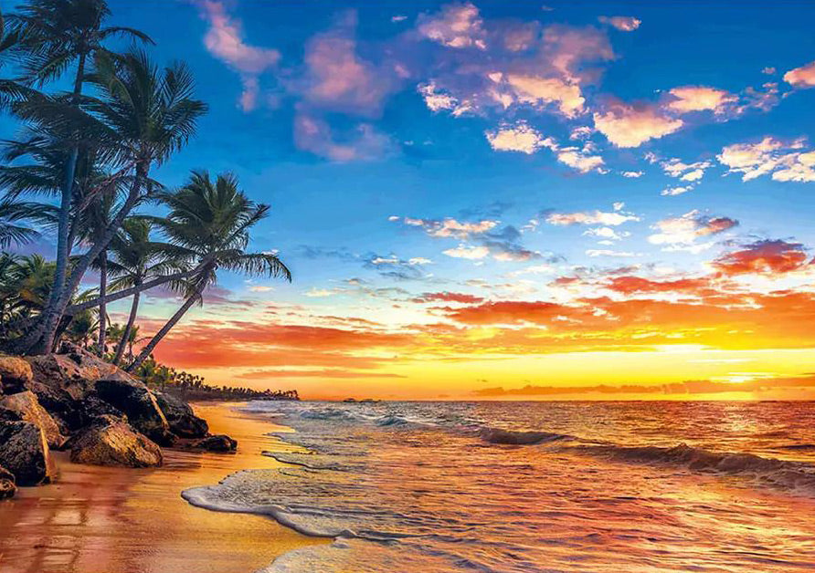 Mar con Palmeras y Puesta del Sol Pintar por Números
