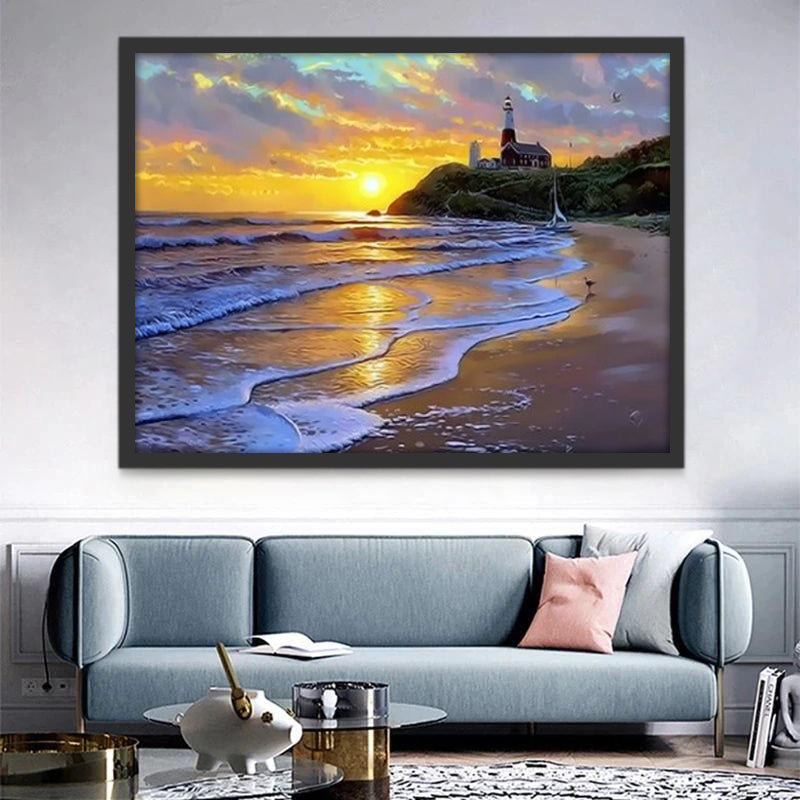 Mar con Playa y Torre de Farol Pintar por Números