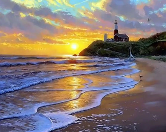 Mar con Playa y Torre de Farol Pintar por Números