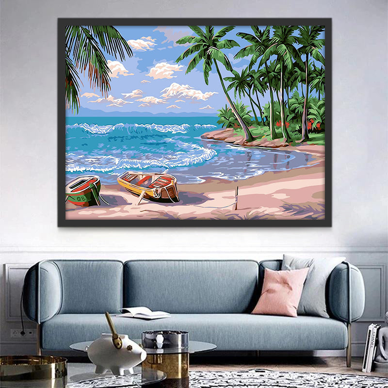 Mar y Playa con Barcos y Palmeras Pintar por Números