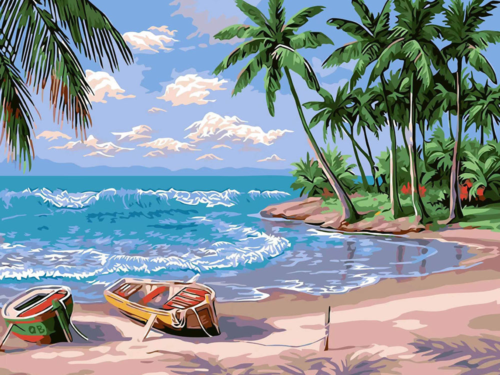 Mar y Playa con Barcos y Palmeras Pintar por Números