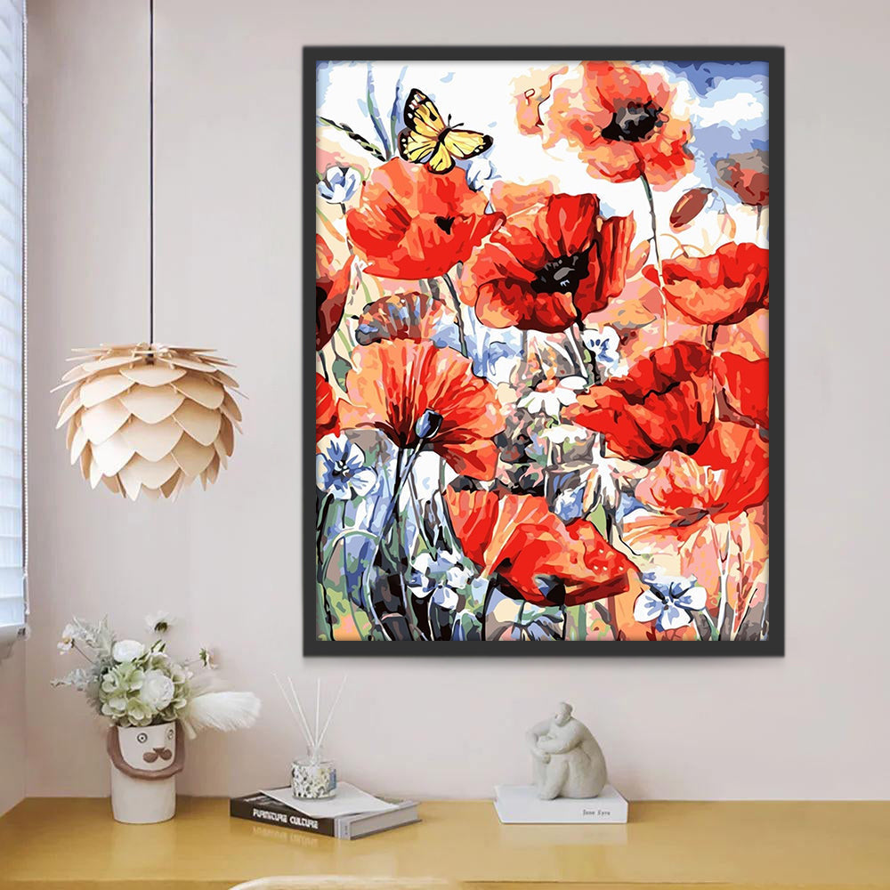 Mariposa Amarilla entre Amapolas Rojas Pintar por Números