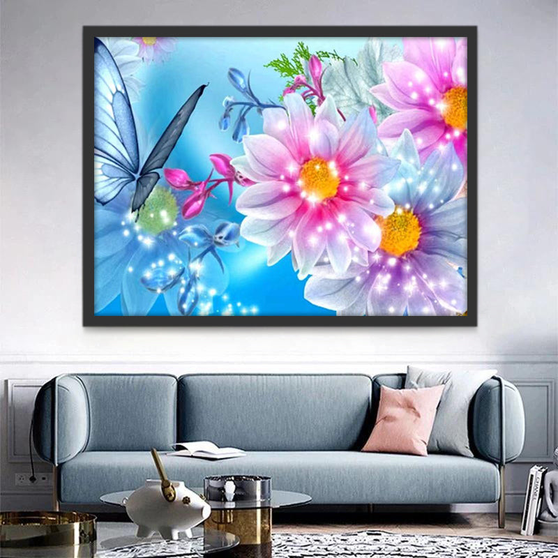 Mariposa Azul y Camomilas de Color Morado y Rosado Pintar por Números
