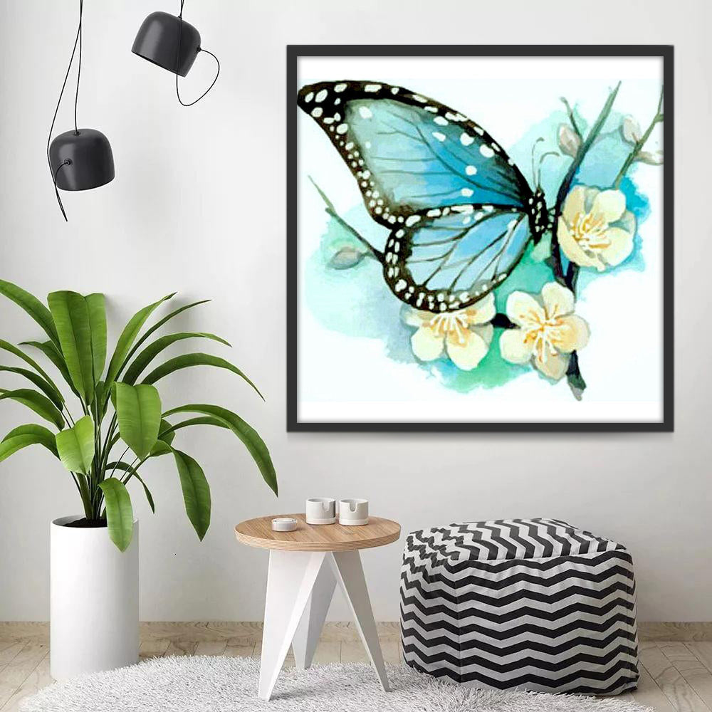 Mariposa Azul y Flor de Ciruelas Blancas Pintar por Números