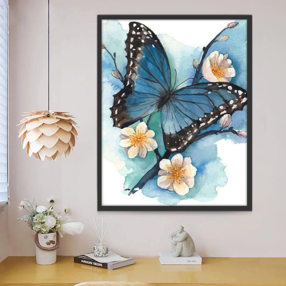 Mariposa Azul y Flores Blancas Pintar por Números