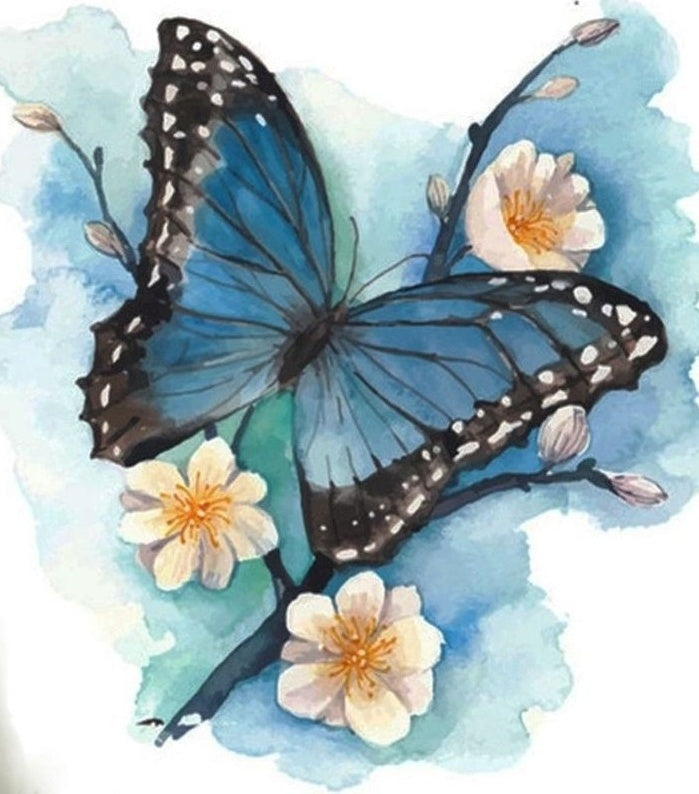 Mariposa Azul y Flores Blancas Pintar por Números