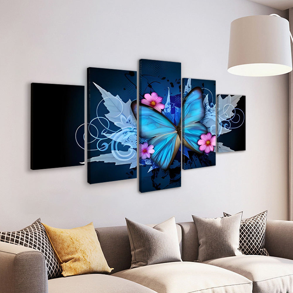 Mariposa Azul y Flores Rosadas 5 Partes Pintar por Números