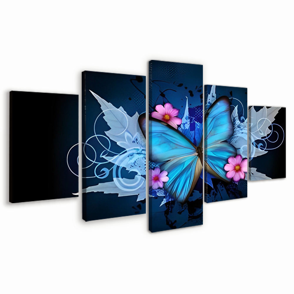 Mariposa Azul y Flores Rosadas 5 Partes Pintar por Números