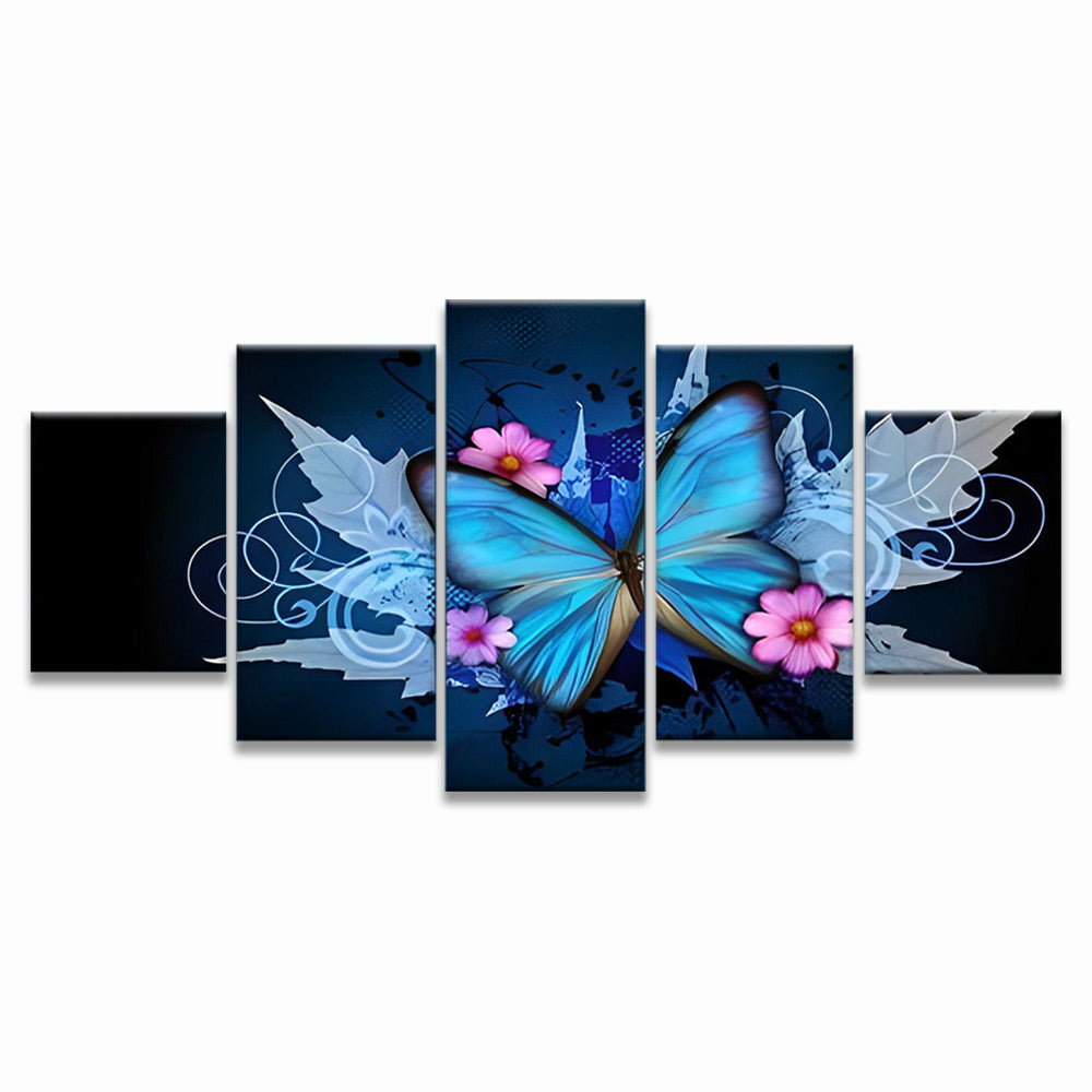 Mariposa Azul y Flores Rosadas 5 Partes Pintar por Números